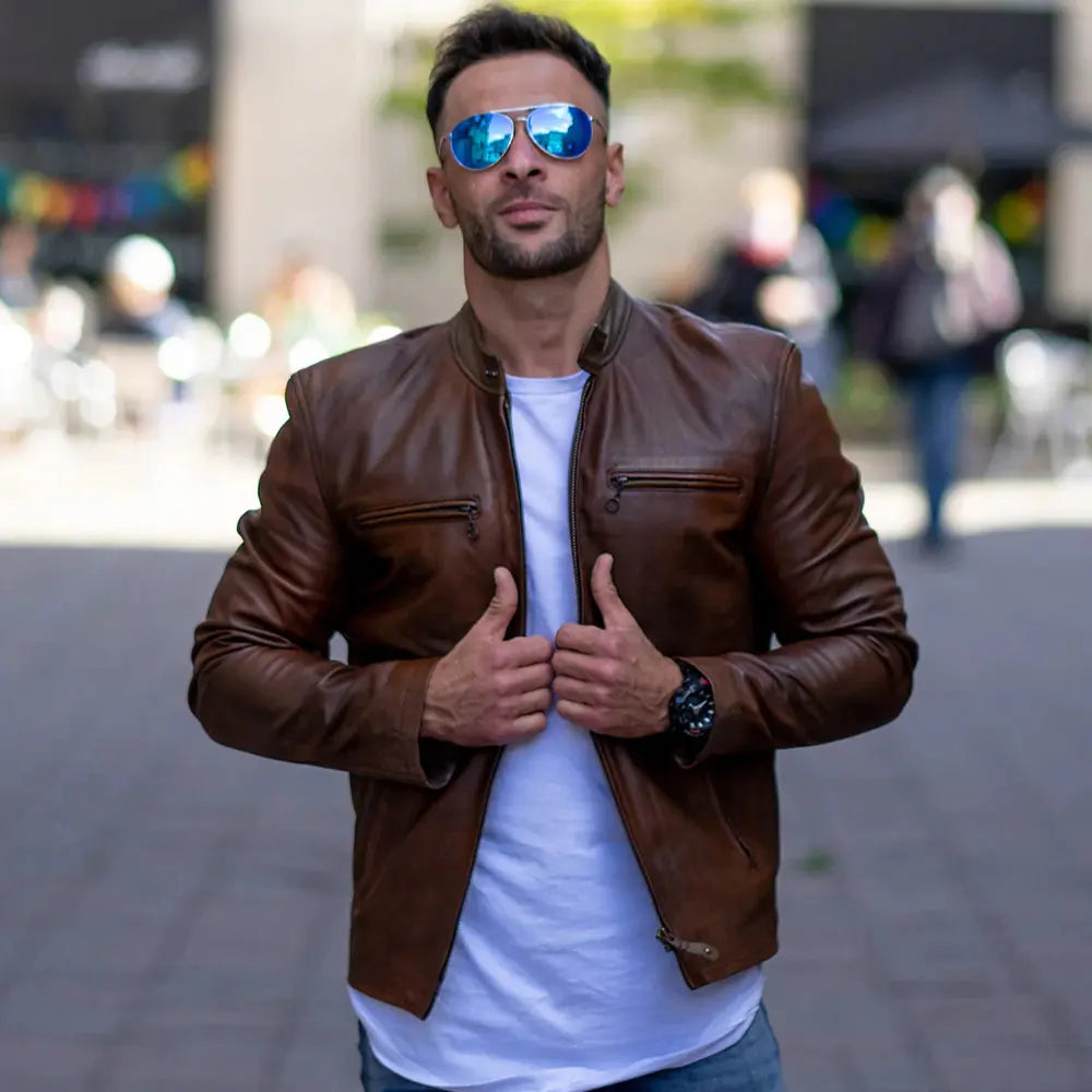Model wearing Nick Hawley's Two Tone Brown Cafe Racer Leather Jacket two tone leather jacket outfit