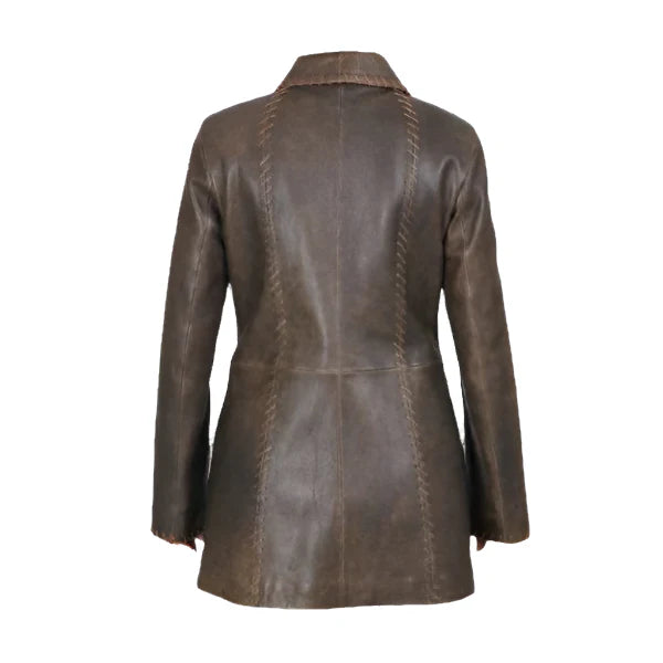 Back view of the Olivia vintage brown leather coat highlighting the tailored waist seams and longline silhouette.