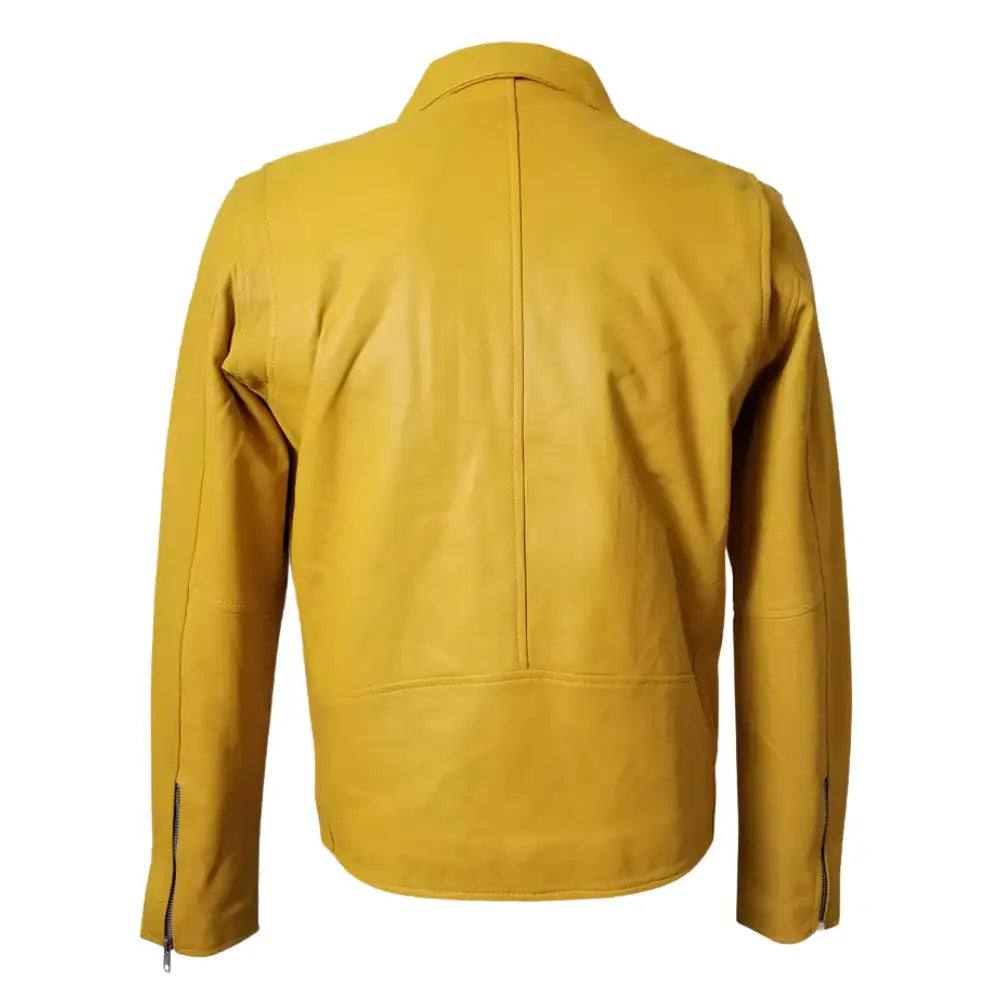Back profile of Olson's stylish yellow belted leather biker jacket