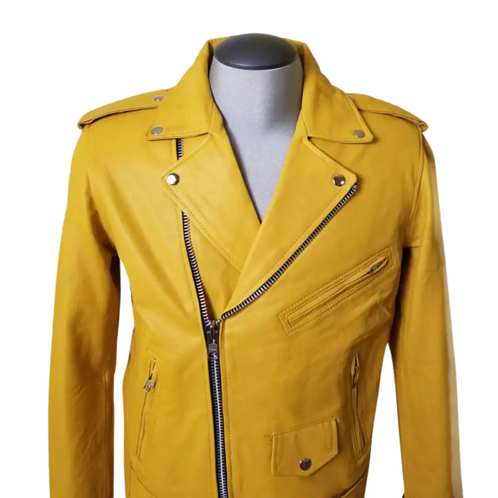 Close-up of collar and texture on Olson's yellow belted leather biker jacket