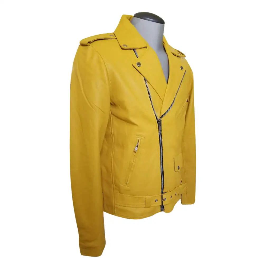 Side angle of Olson's yellow leather biker jacket with belt detail