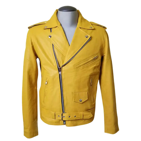Olson's Yellow Belted Leather Biker Jacket