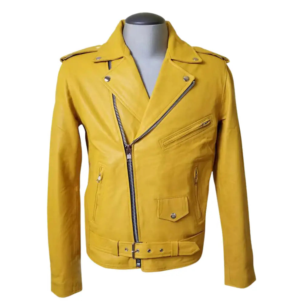 Front profile of Olson's premium yellow belted leather biker jacket