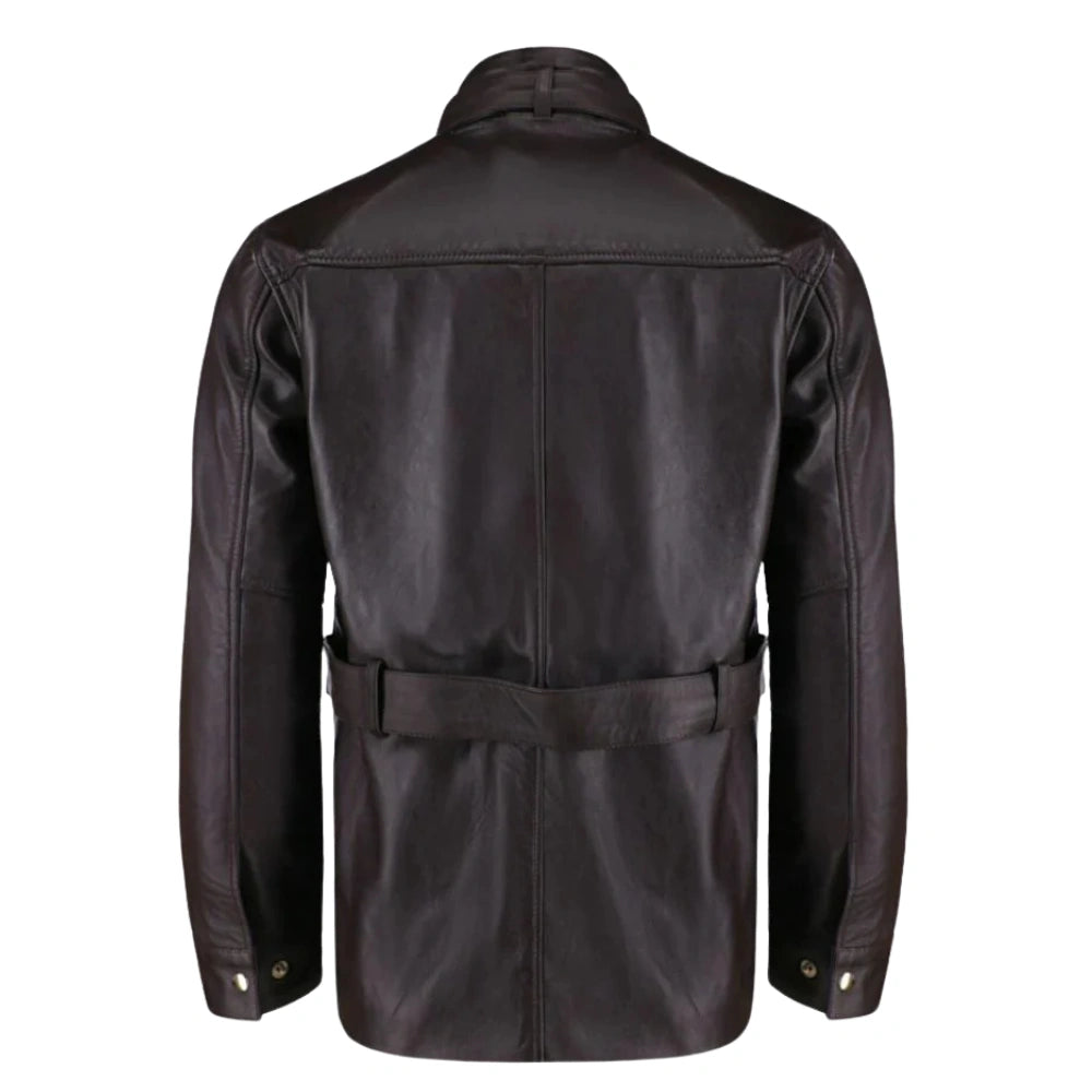 Parker Black Belted Leather Jacket with Large Pockets rear view belted leather jacket