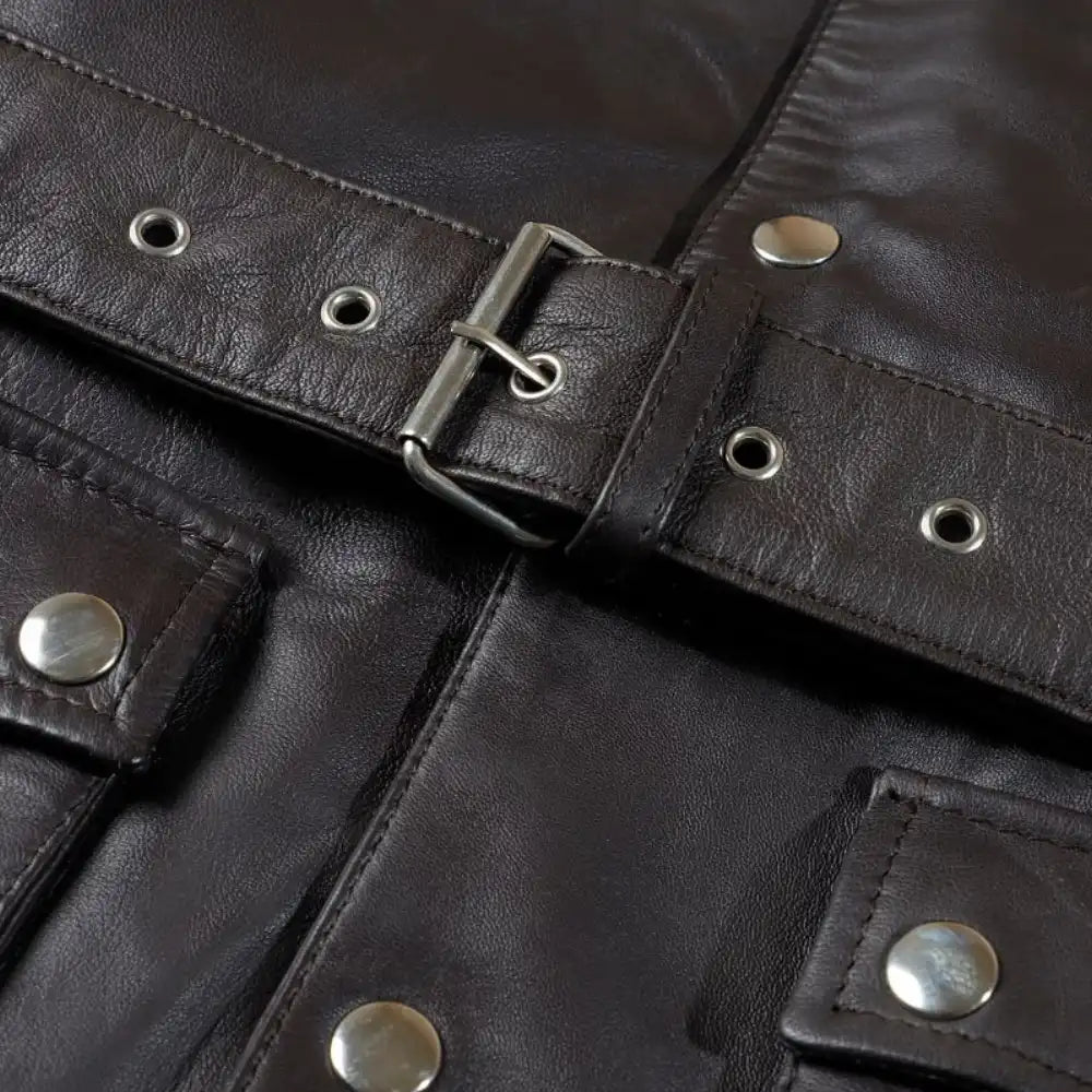 Parker Black Belted Leather Jacket with Large Pockets back close up leather jacket panel