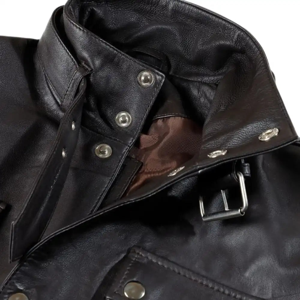 Parker Black Belted Leather Jacket with Large Pockets belt strap detail leather jacket