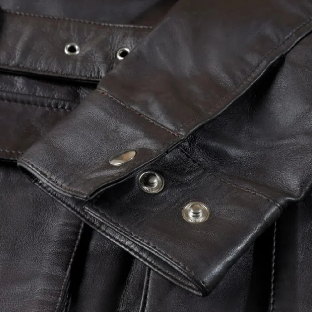 Parker Black Belted Leather Jacket with Large Pockets sleeve detail black leather cuff