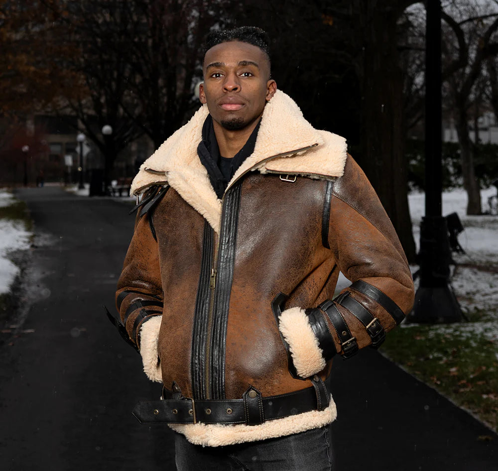 Model in action, wearing Richard's Vintage Distressed Brown Aviator Bomber Shearling Jacket outdoors, showcasing the distressed leather and shearling combination.