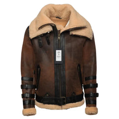 Front view of Richard's Vintage Distressed Brown Aviator Bomber Shearling Jacket fully closed, showcasing the robust distressed leather design with shearling collar.