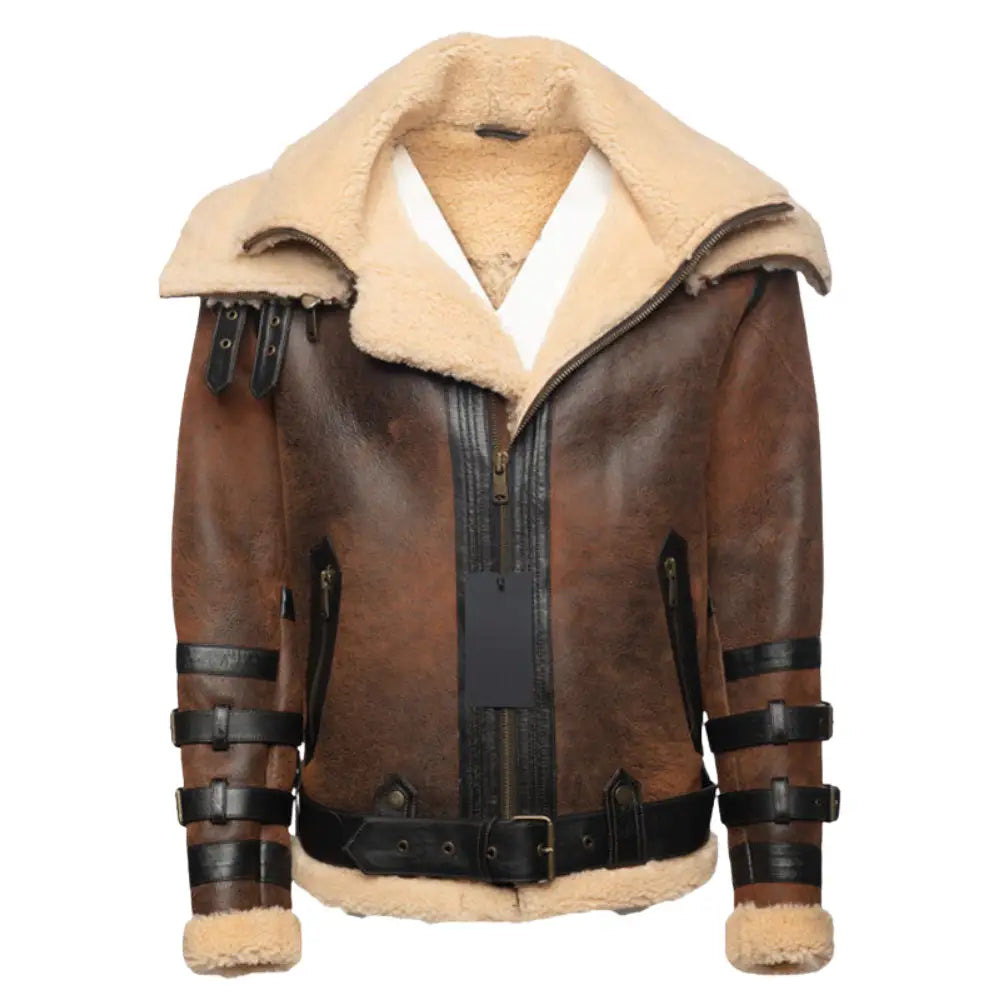 Front view of Richard's Vintage Distressed Brown Aviator Bomber Shearling Jacket, featuring the full shearling lining and high-quality distressed leather material.