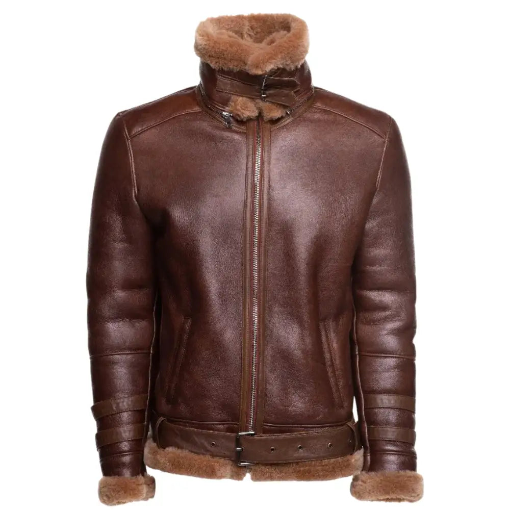 Front view of Phan's brown aviator bomber shearling jacket with waist belt, zipped closed to show the slim fit and leather texture on a white background.