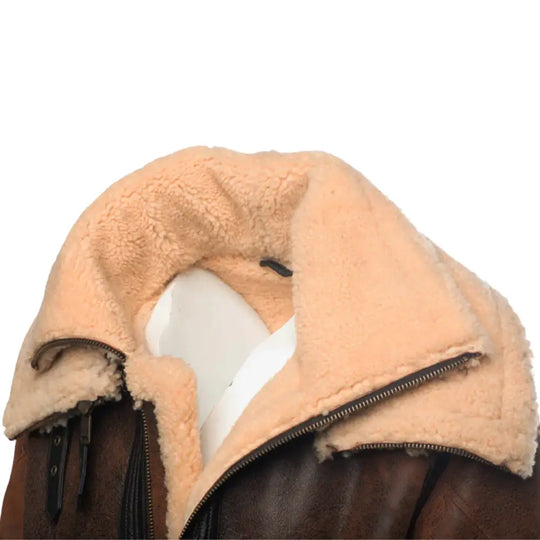 Close-up of the soft cream shearling collar on Richard's Vintage Distressed Brown Aviator Bomber Shearling Jacket with a stylish distressed leather exterior.