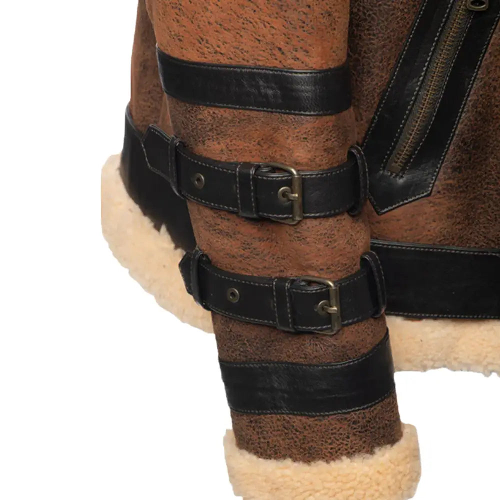 Detailed view of the wrist belt cuffs on Richard's Vintage Distressed Brown Aviator Bomber Shearling Jacket, designed for both style and comfort.