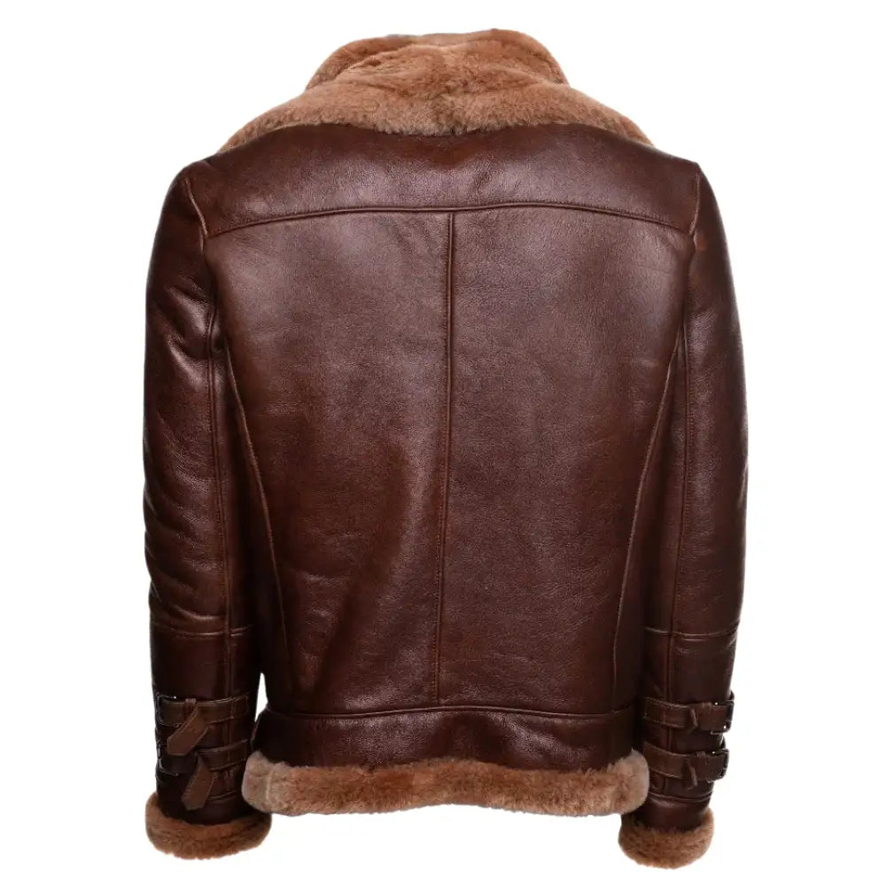Back view of Phan's brown aviator bomber leather jacket showing the shearling hem and high-quality stitched leather panels.