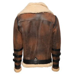 Back view of Richard's Vintage Distressed Brown Aviator Bomber Shearling Jacket showing the distressed leather design and shearling collar with distinctive strap details.