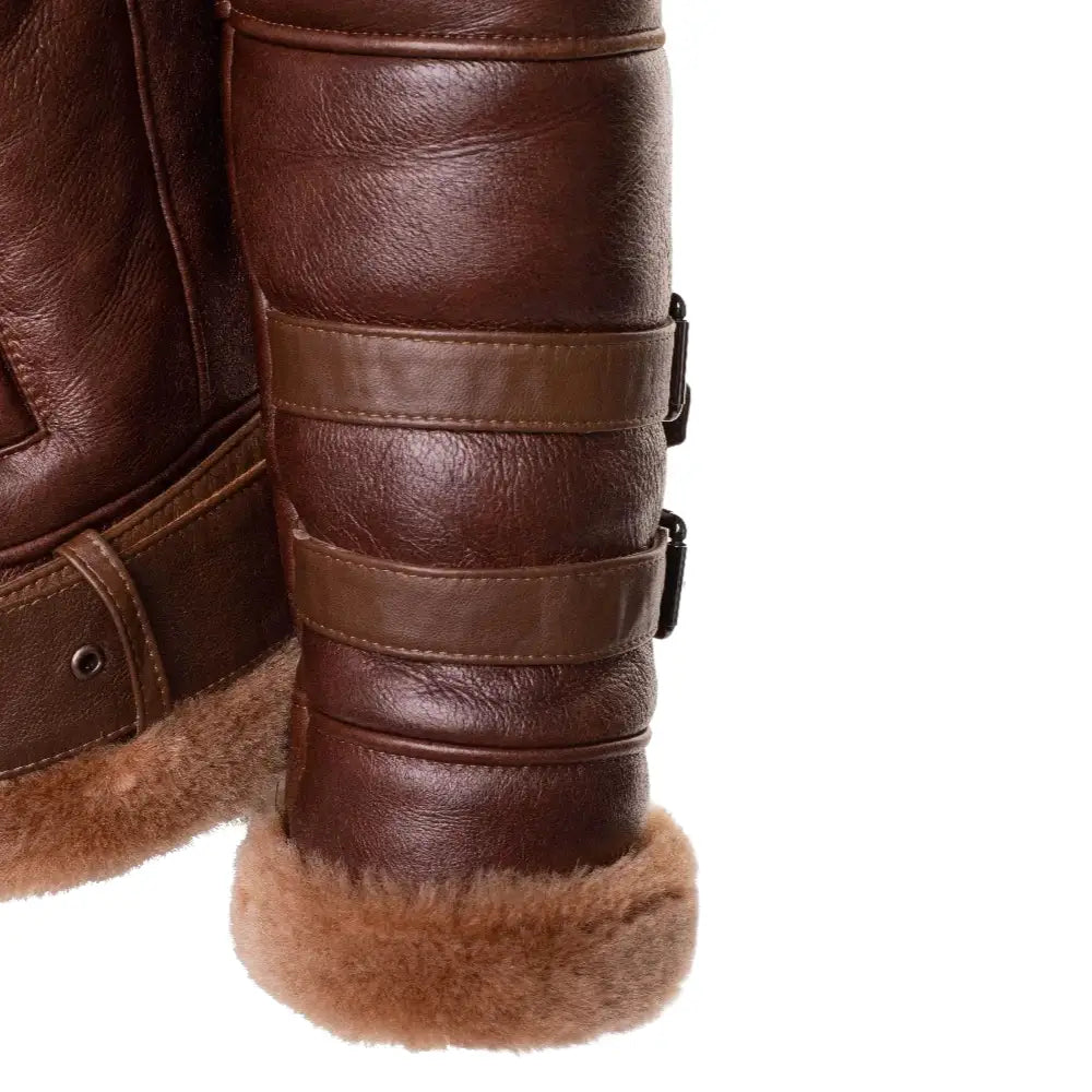 Phan's Brown Aviator Bomber Shearling Jacket with a Waist Belt sleeve detail brown leather cuff
