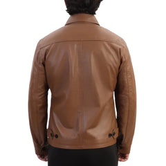 Model wearing Pierre Brown Leather Jacket back view brown leather jacket