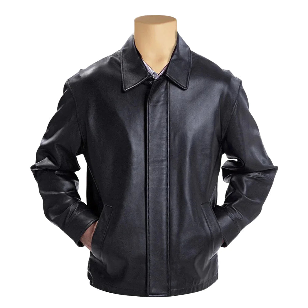 Plain Black Classic Leather Jacket with Collars front view classic black leather jacket with collar
