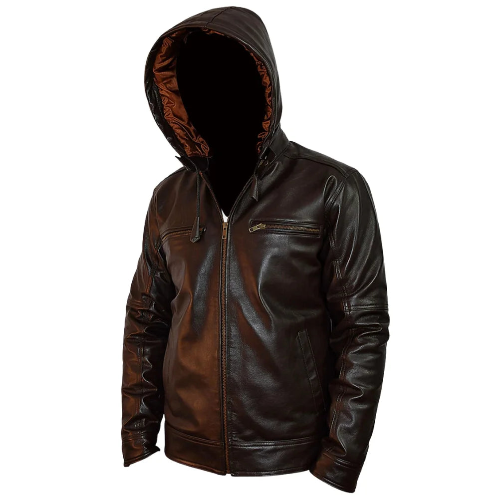 Plain Dark Brown Leather Jacket with Hoodie front view dark brown leather jacket with attached hood