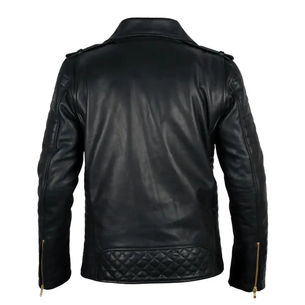 Back view of the quilted leather biker jacket showing the clean lines and stylish design.