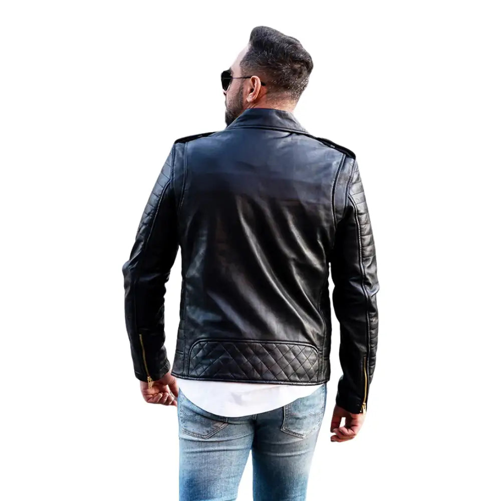 Model back view, wearing the quilted leather biker jacket, styled with jeans for a cool and edgy look.