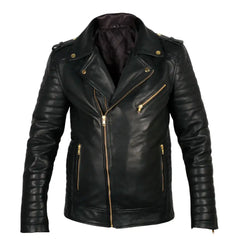 Quilted Leather Biker Jacket front view black leather biker jacket with quilted shoulder panels