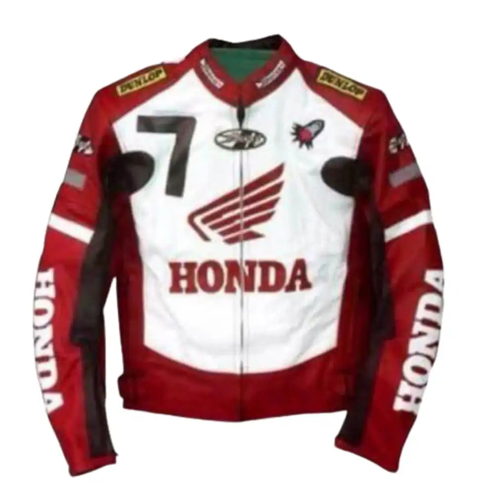 Front view of a red and white Honda armored leather motorcycle jacket featuring the Honda logo, pre-curved sleeves, and external shoulder sliders.