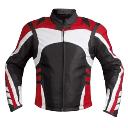 Front view of a red, white, and black armored leather motorcycle jacket featuring a racing logo, integrated shoulder sliders, and a heavy-duty central zipper.