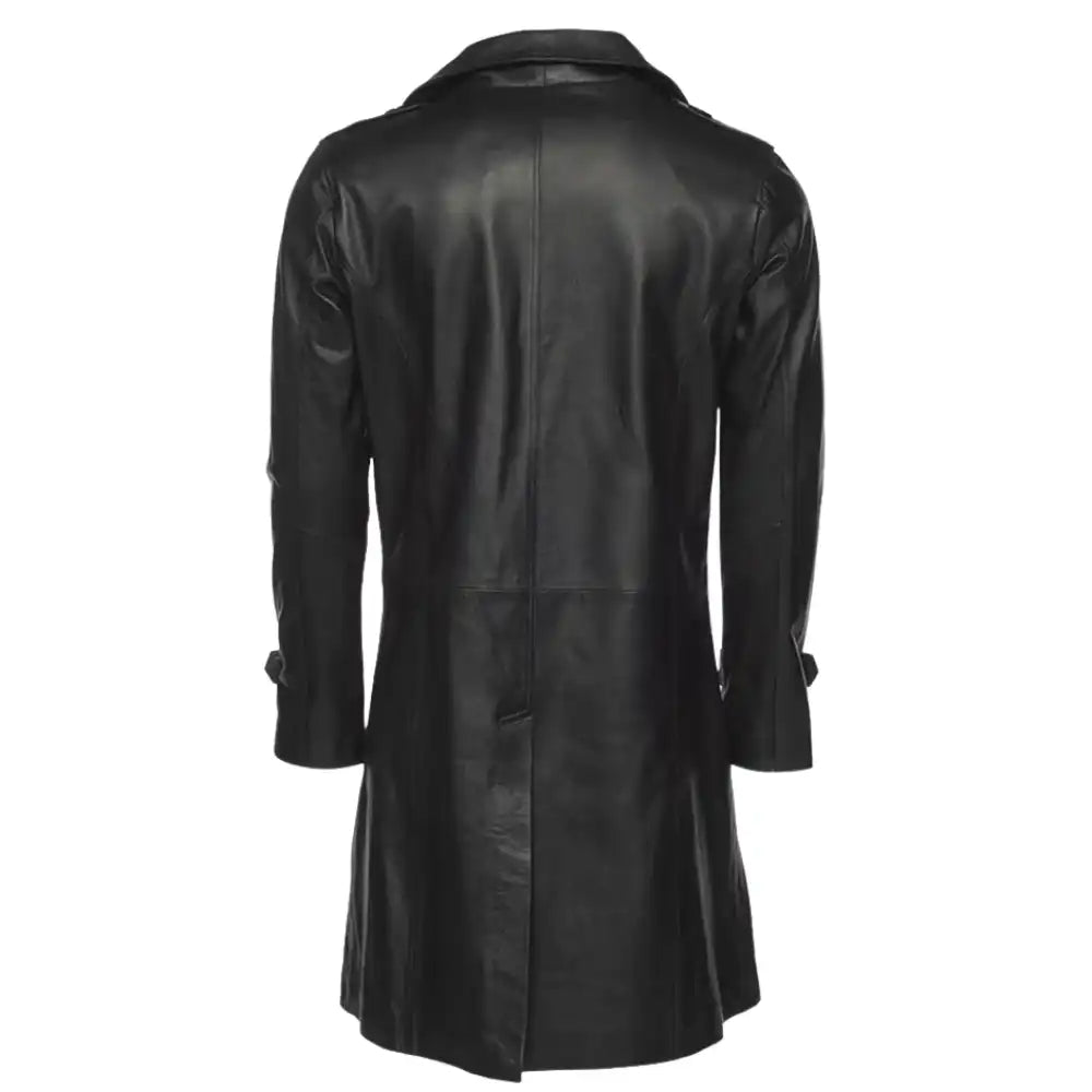 Back view of the Reiner black long leather coat, highlighting the clean finish and center back vent for ease of movement.