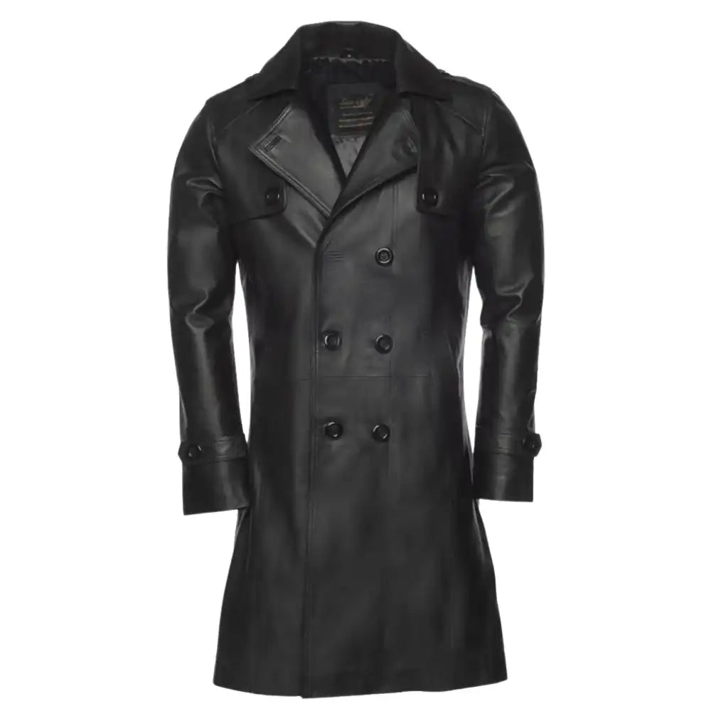 Front view of the Reiner black buttoned up long leather coat, featuring a concealed placket and sharp tailored collar.