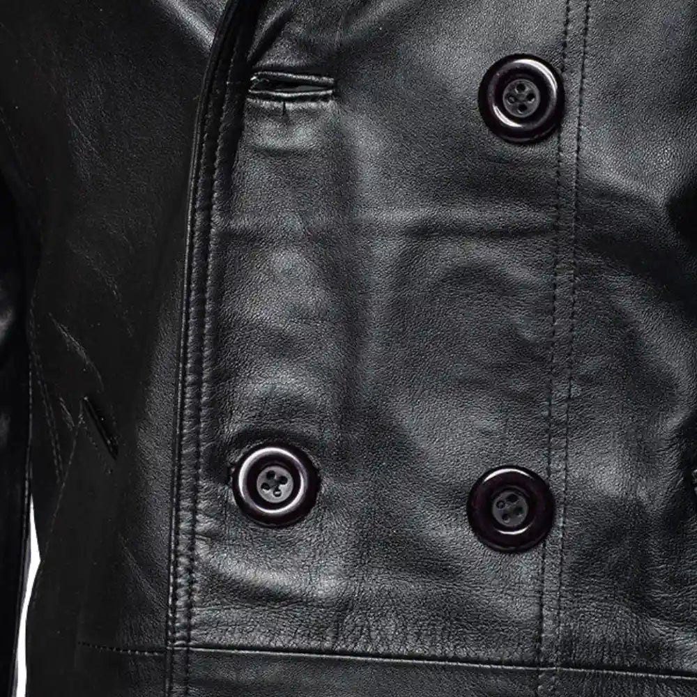 Close-up of a black leather coat with button details.