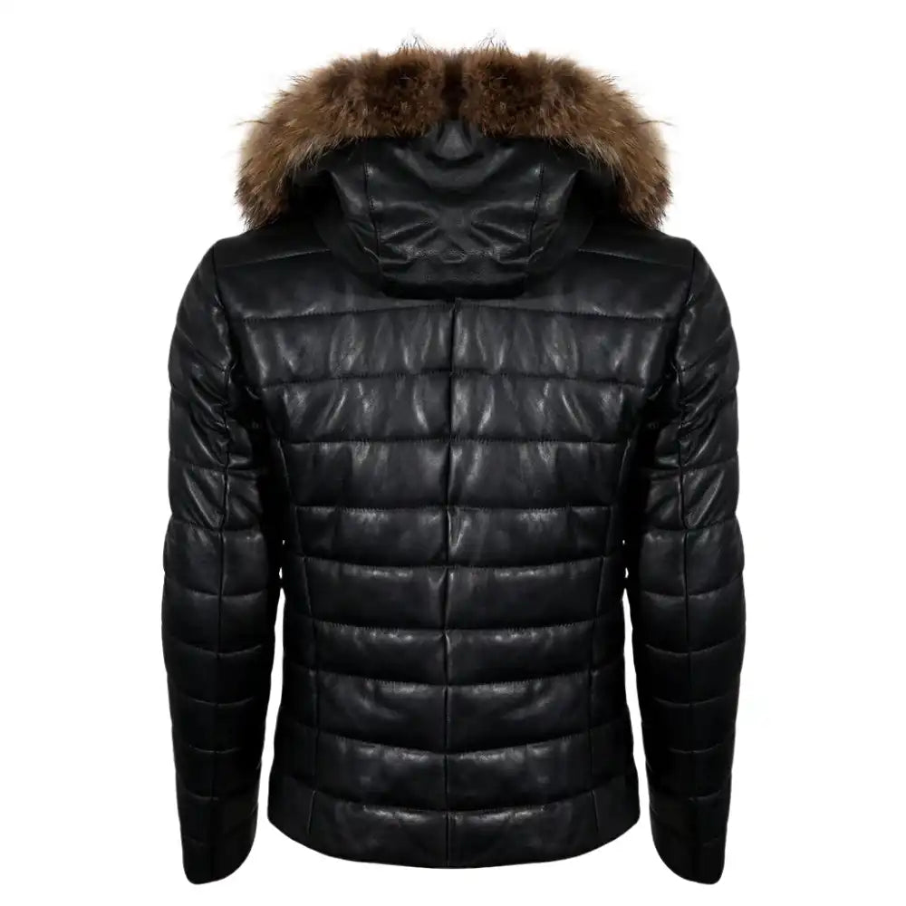 Back view of the Richie leather puffer showing the deep, insulated baffles and the full leather hood for a heavy-duty winter profile.