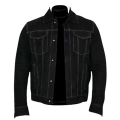 Front view of River Black suede trucker jacket on a white background
