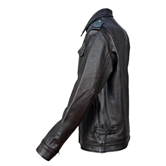River Distressed Brown Leather Motorcycle Jacket side profile distressed brown leather biker jacket silhouette