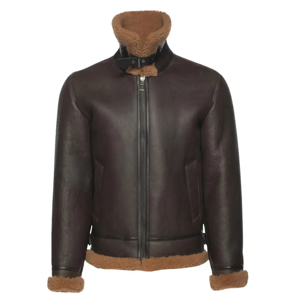 Front view of the Rob Brown B3 Bomber Shearling Jacket with the zipper fully closed. The jacket is crafted from brown leather with tan shearling details at the collar and hem.
