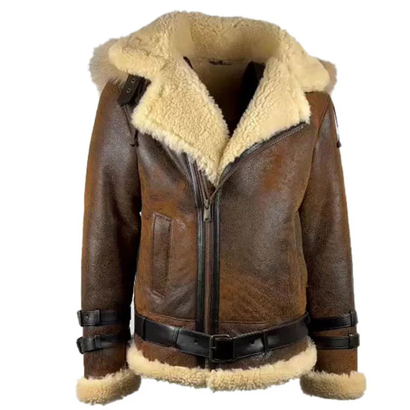 Front view of the Rocco vintage brown aviator shearling jacket on a mannequin, featuring a classic cream shearling collar.