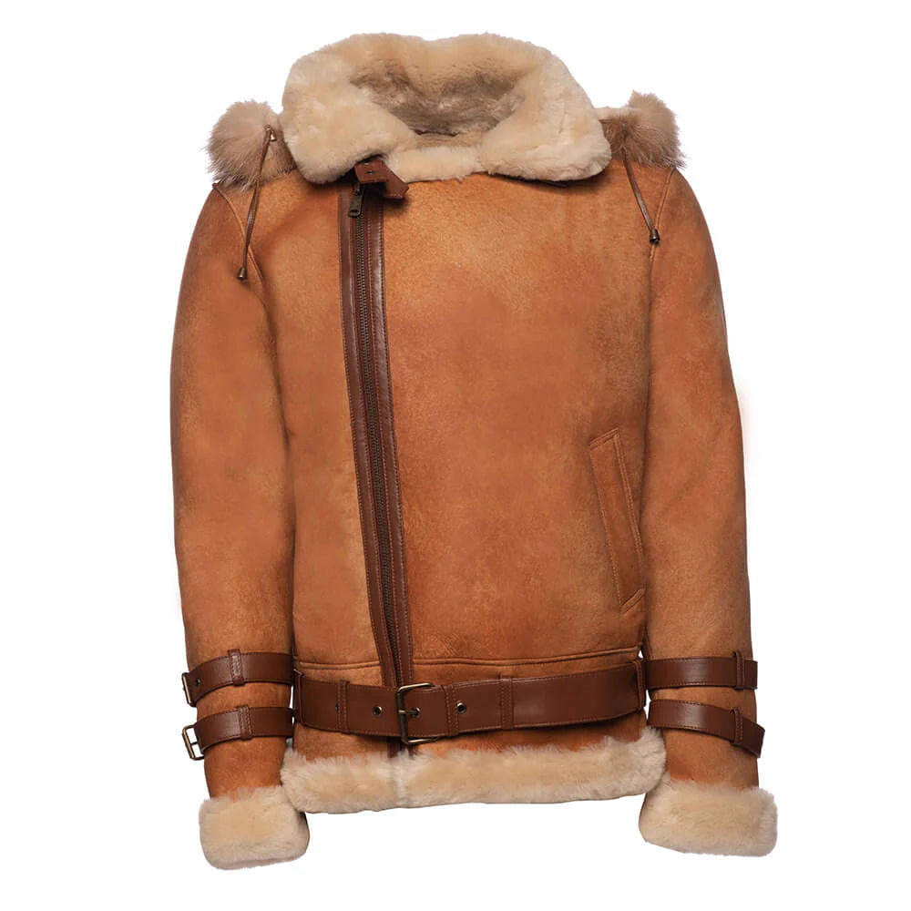 Front look of Rocco vintage cognac bomber jacket on ghost mannequin with full closed zipper.