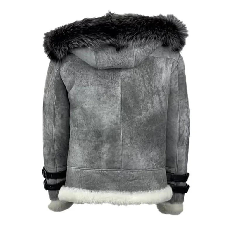 Back view of the Rocco vintage distressed grey aviator bomber jacket with a fur hoodie on back on a white background.
