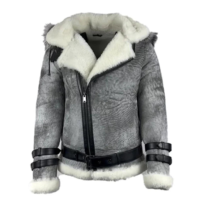 Front view of the Rocco vintage distressed grey aviator bomber jacket, featuring a thick grey shearling collar.