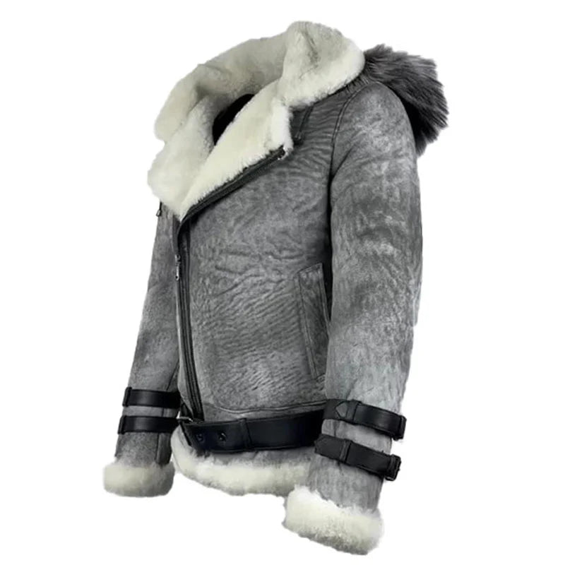 Left side view of the Rocco vintage distressed grey aviator bomber jacket, featuring a thick grey shearling collar.