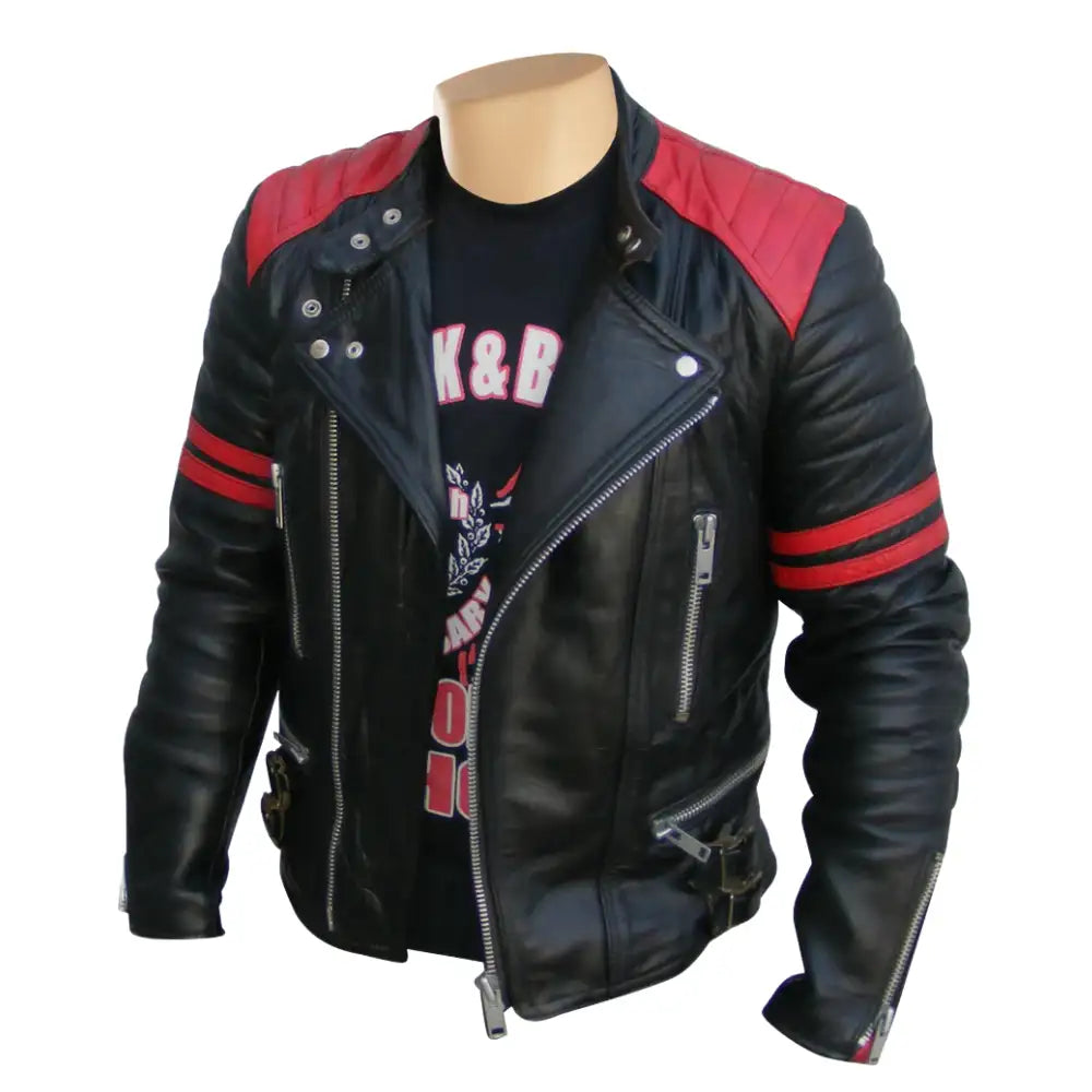 Rodger's red and black leather biker jacket shown from the front