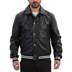 Model wearing Ryder Black Varsity Style Leather Jacket black varsity jacket outfit