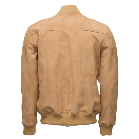 Sandy Beige Suede Bomber Leather Jacket with Ribbed Cuffs back view beige suede bomber jacket