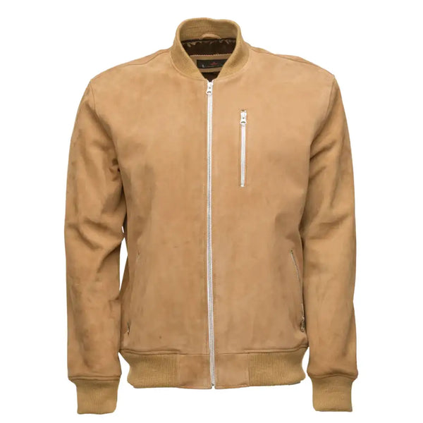 Sandy Beige Suede Bomber leather jacket with ribbed cuffs