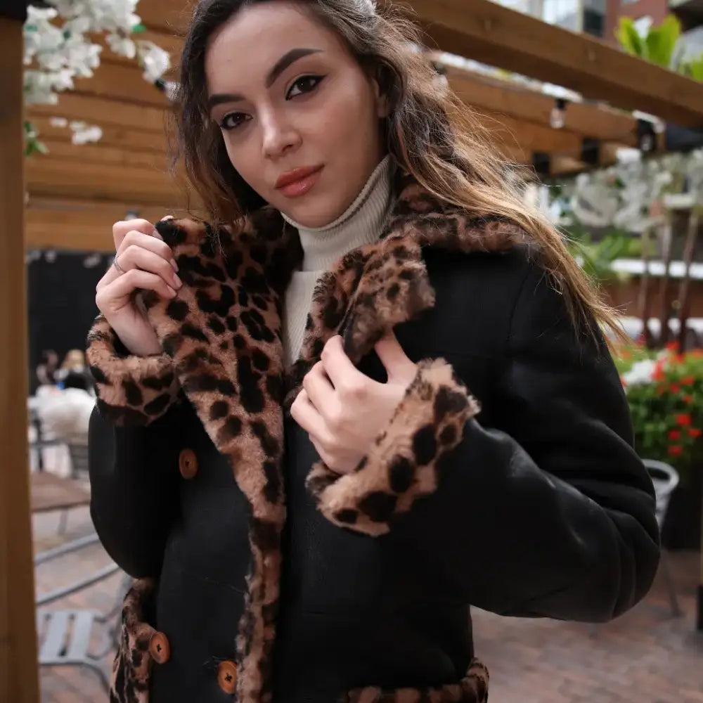 Model styling Seraphina Leopard Print Oversized Double Breasted Shearling Leather Coat statement coat look