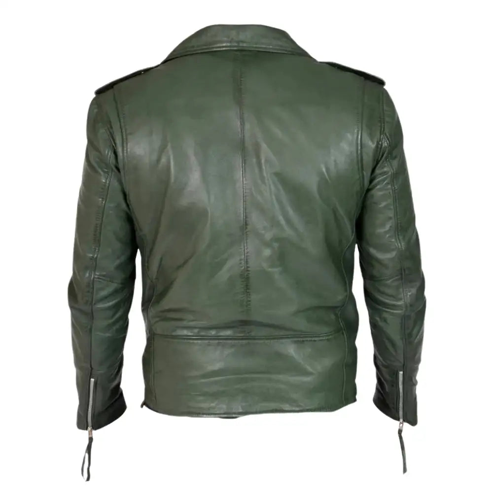 Rear design of Sergeant olive green leather biker jacket with waist belt