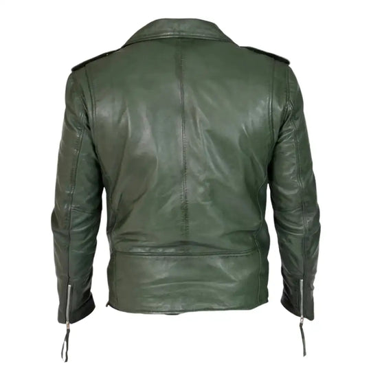 Rear design of Sergeant olive green leather biker jacket with waist belt