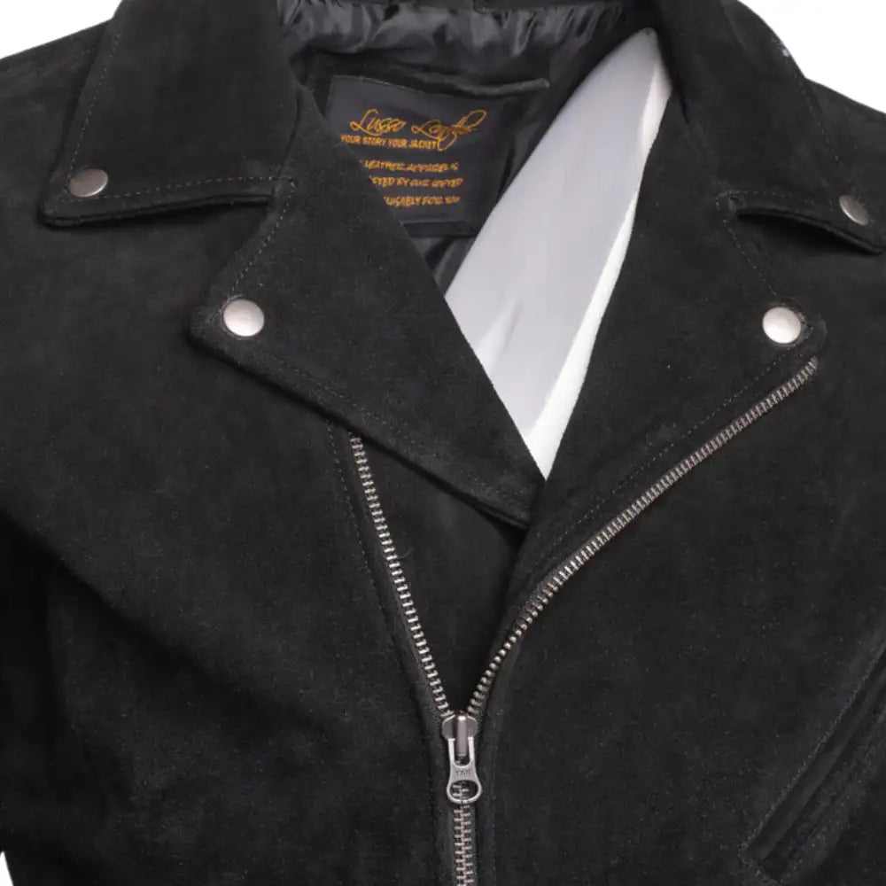 Close-up of Sliva Black suede leather jacket with silver zippers and brand lapel with  pressed studs on a white background.