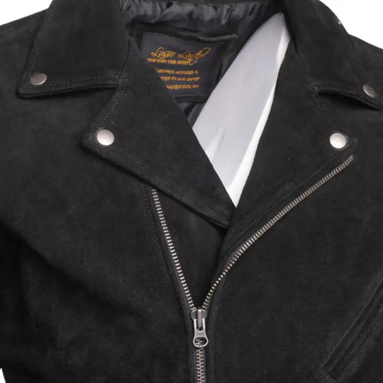 Close-up of Sliva Black suede leather jacket with silver zippers and brand lapel with  pressed studs on a white background.