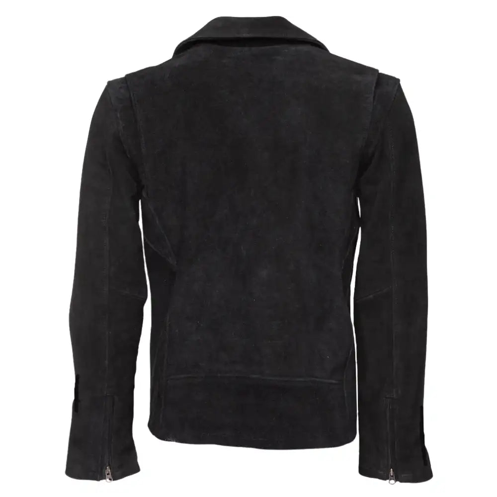 Back side of Silva's Black Suede Leather Biker Jacket showing smooth suede finish